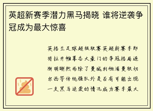 英超新赛季潜力黑马揭晓 谁将逆袭争冠成为最大惊喜